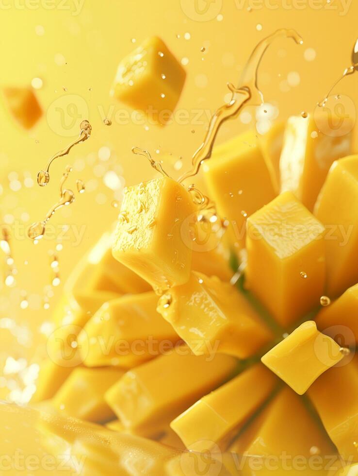 Fresh Mango Cubes Vibrant Yellow Fruits with Splashes photo