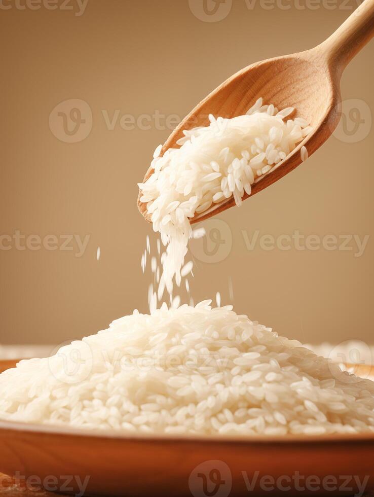 Pouring White Rice from Wooden Spoon - Food Photography Image photo