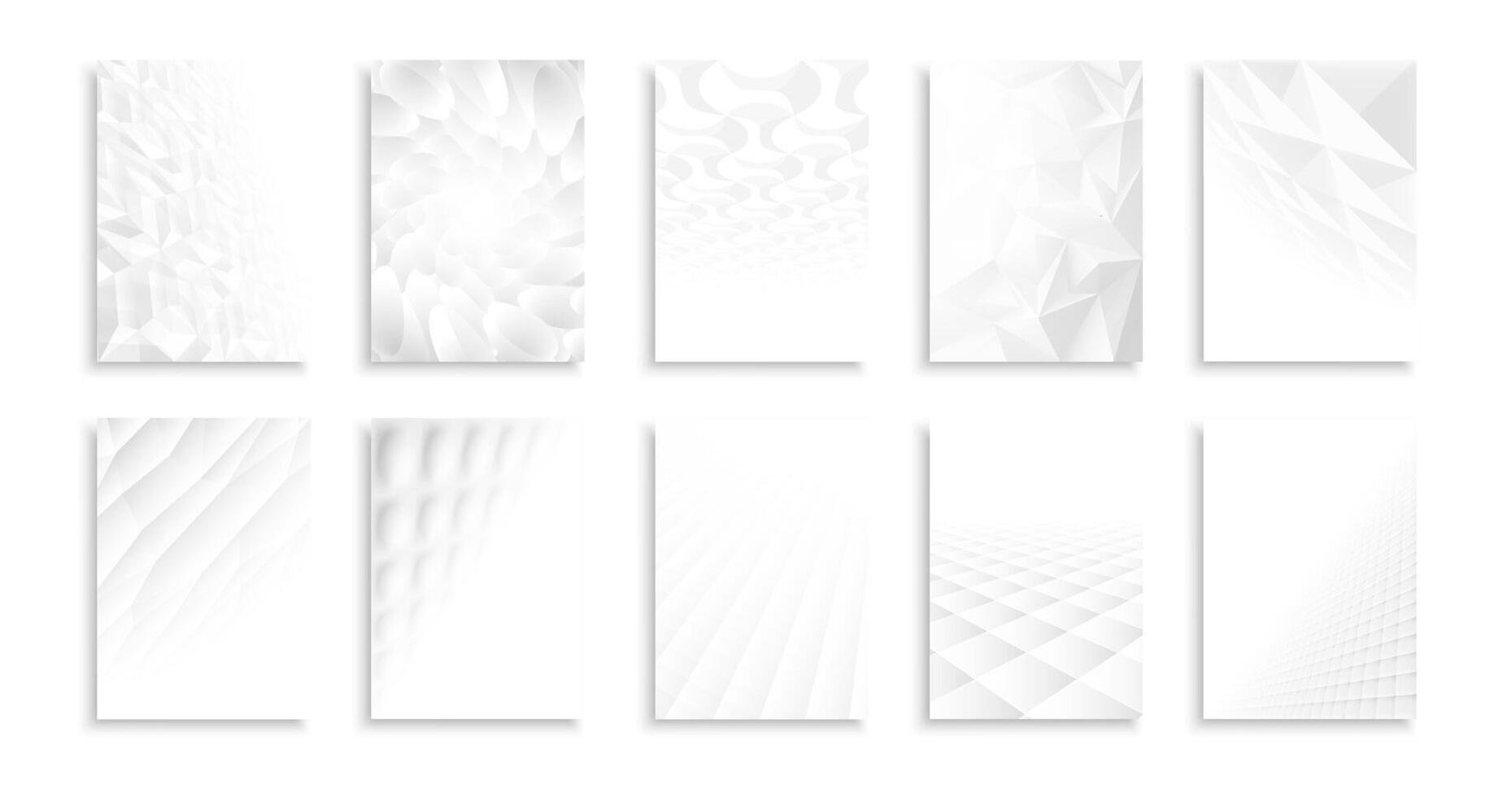 Collection of white abstract futuristic templates, posters, placards, brochures, banners, flyers, backgrounds and etc. Contemporary bright technology covers - geometric minimal copy space design vector