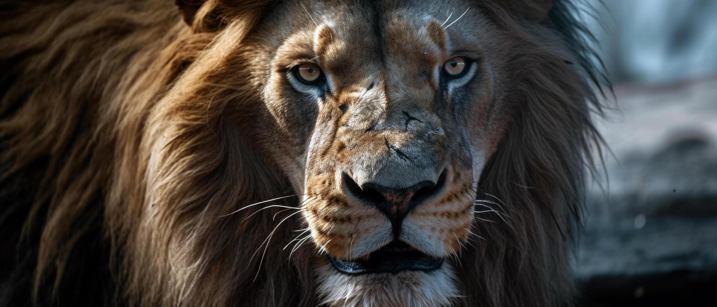 head shot of a Lion making a face and looking at the camera photo