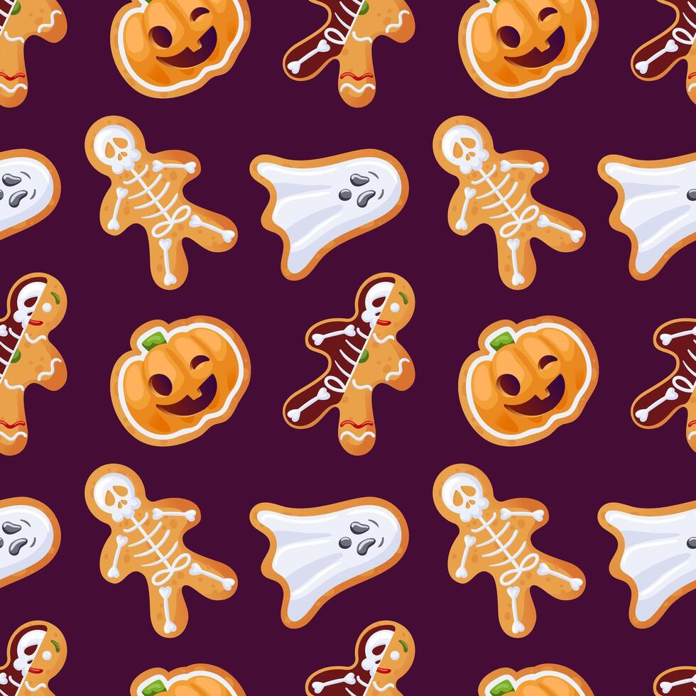 A festive pattern with Halloween treats, whimsical ghosts, and vibrant pumpkins. illustration for cafe, menu, wallpaper, fabric, wrapping, background vector