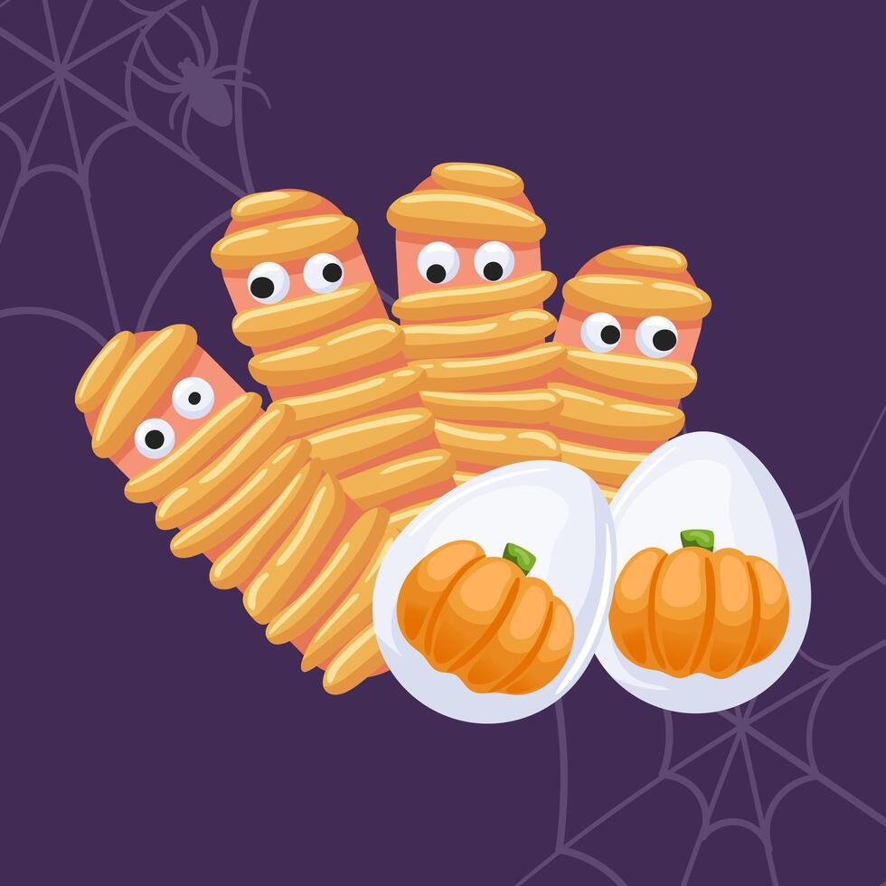 Delicious and cute Halloween treats with pumpkin deviled eggs and mummy sausages. Snacks for fun. vector