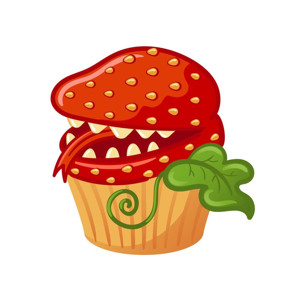 A spooky Halloween treat. Delicious cupcake with a toothy strawberry monster. Carnivorous plant. For sticker, poster, card, design element vector