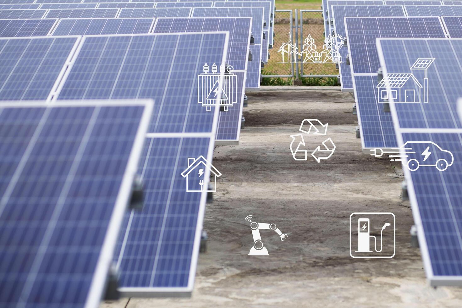 Solar cells have various symbols such as electric car charging station, robot, inverter, energy saving industry above the solar panels. photo