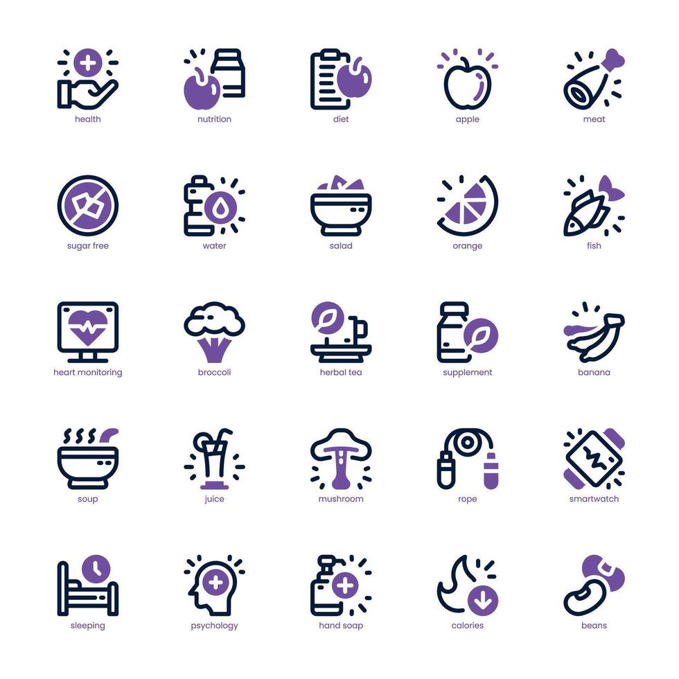Health and Nutrition icon pack for your website, mobile, presentation, and logo design. Health and Nutrition icon dual tone design. graphics illustration and editable stroke. vector