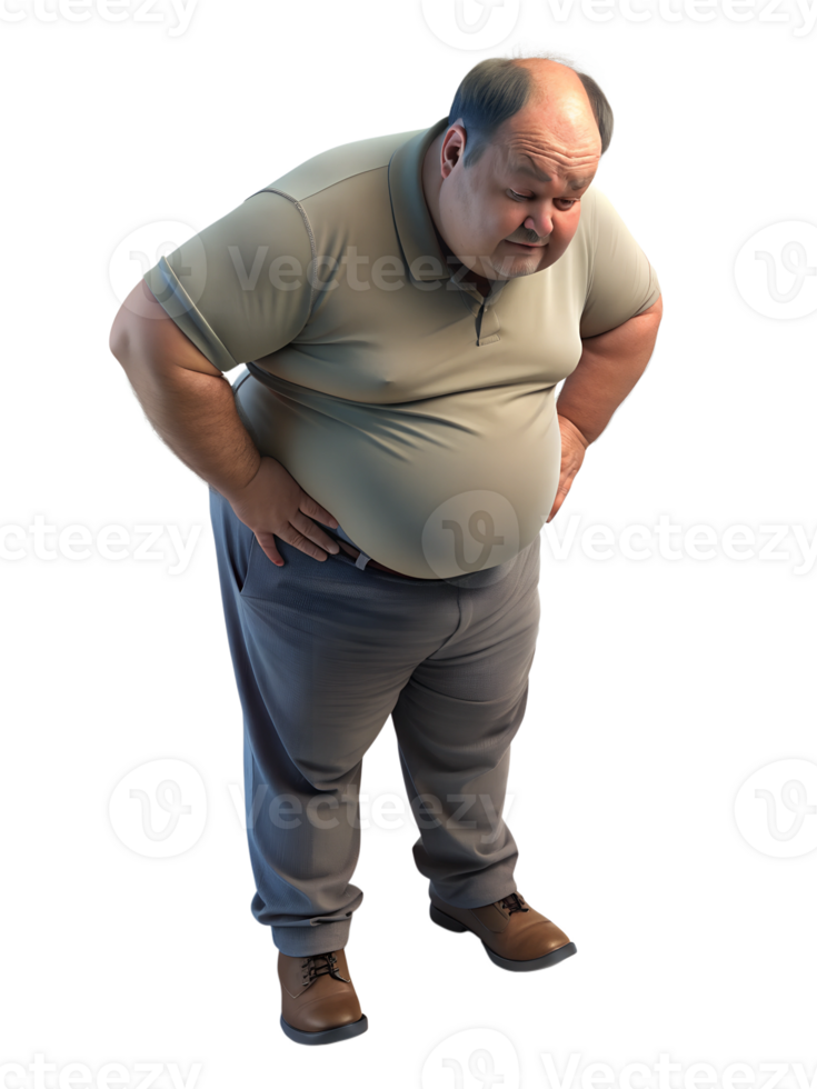 3d rendering style of A fat man is standing with his hands on her hips. He is looking down at the floor, looking distressed, isometric, isolated on a transparent background png