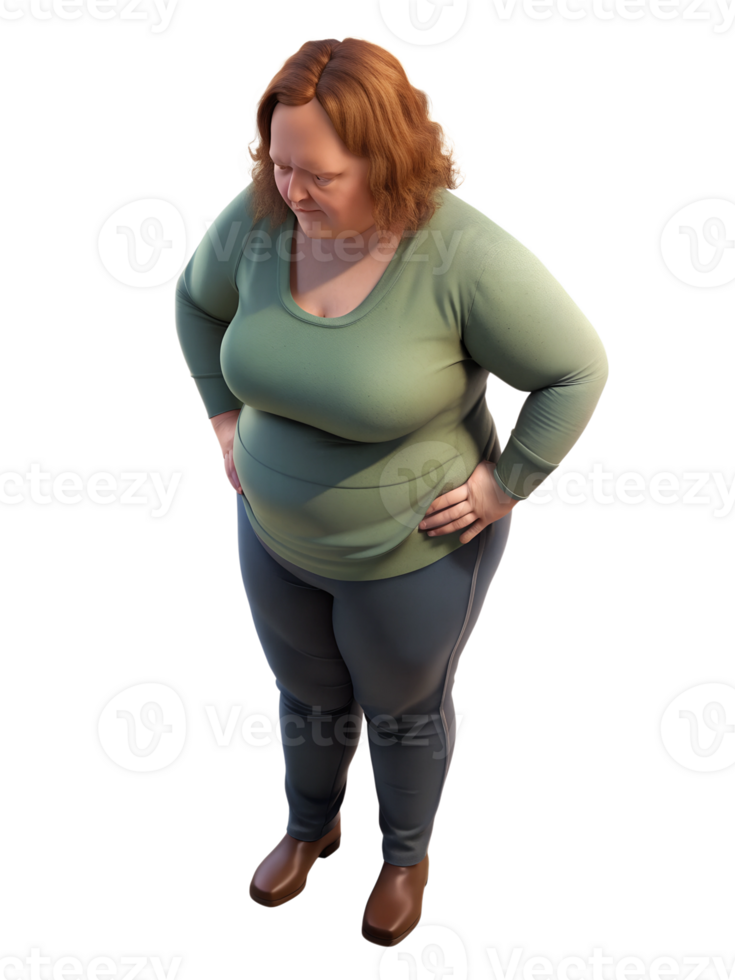 3d rendering style of A fat woman is standing with her hands on her hips. She is looking down at the floor, looking distressed, isometric, isolated on a transparent background png