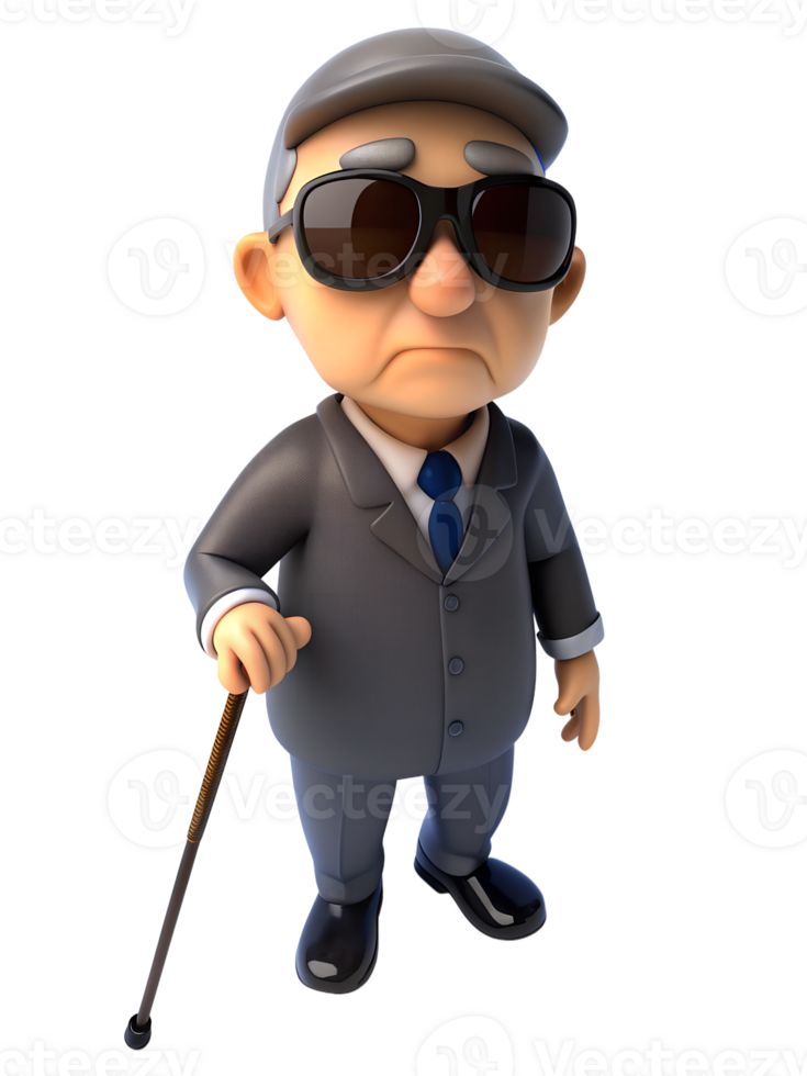 3d rendering style of A blind man wearing dark glasses is walking with a cane in his hand, isolated on transparent background png
