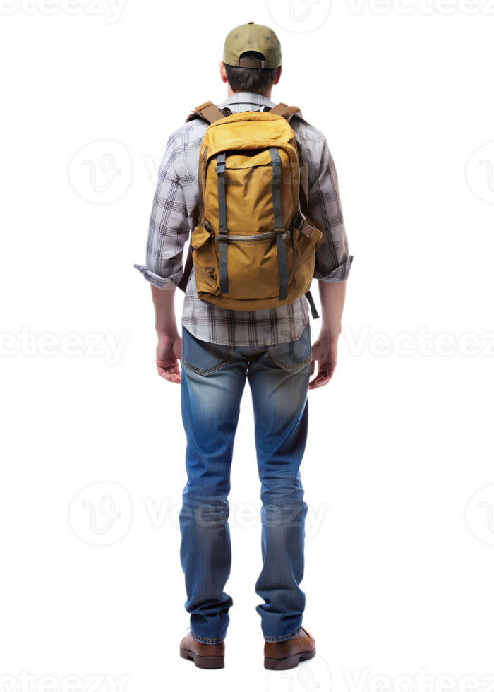 Rear view of male tourist carrying backpack isolated on a transparent background png