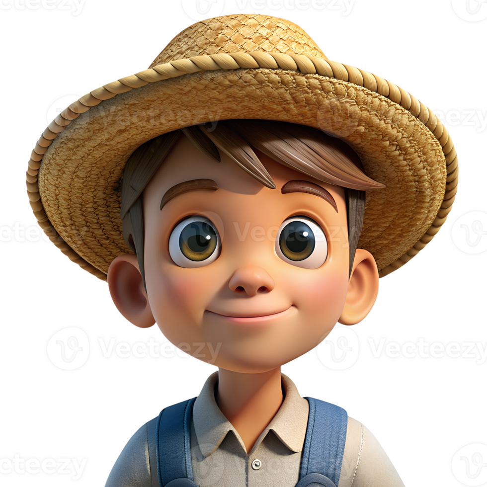 3d render style of a farm boy with straw hat isolated on a transparent background png