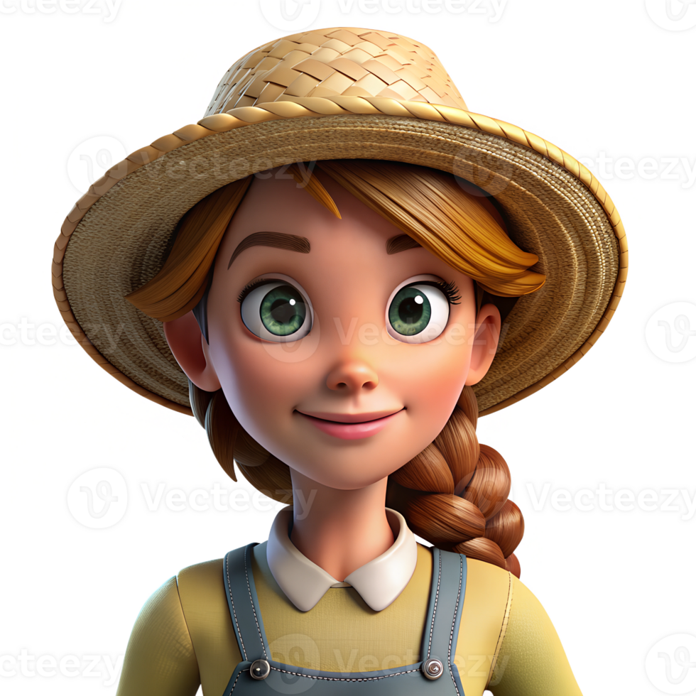3d render style of a farm girl with straw hat isolated on a transparent background png