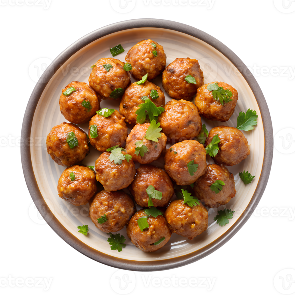 top view of Meatballs on plate isolated on a transparent background png