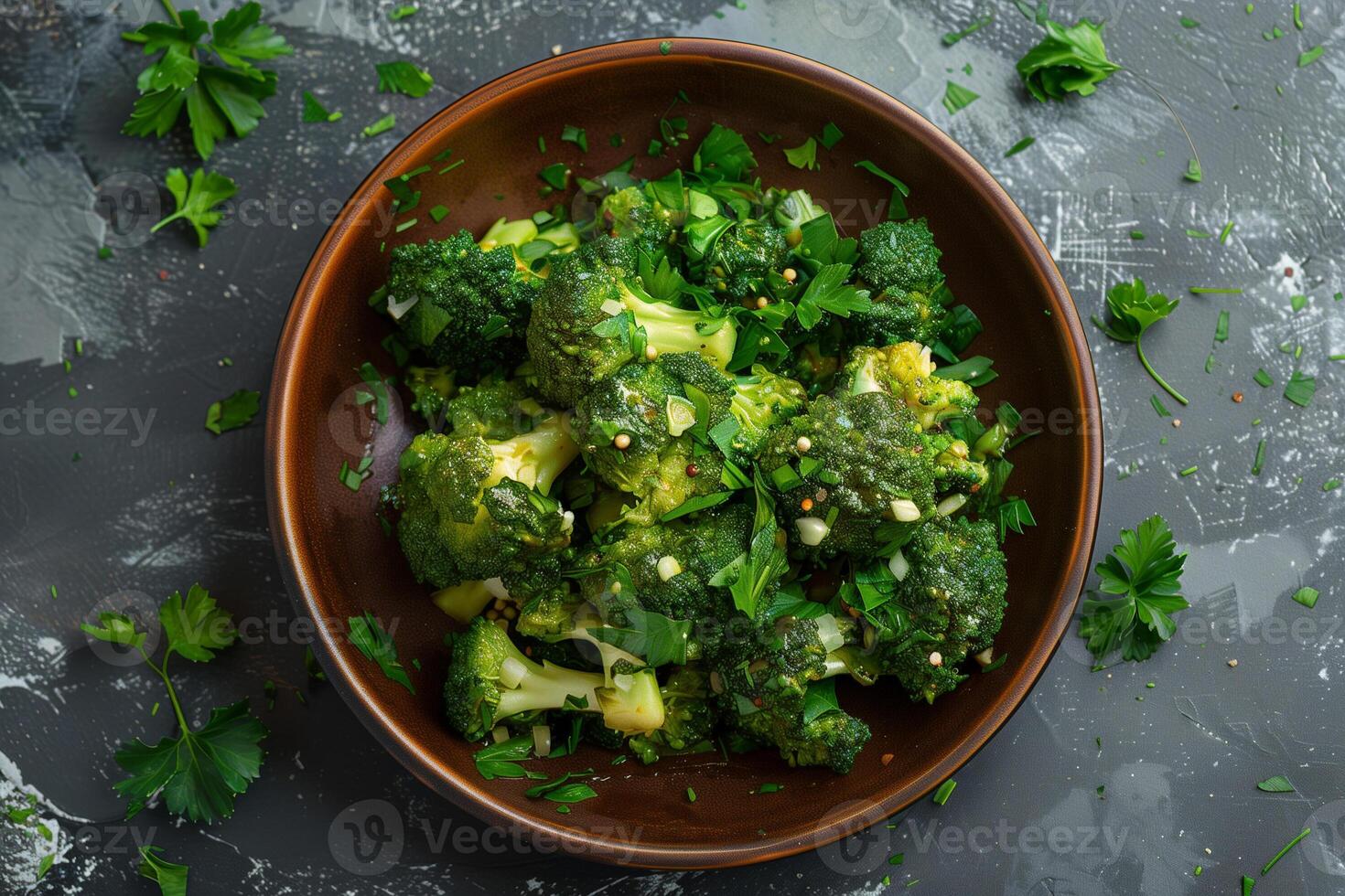 Delicious Broccoli Dish Cooked with Garlic and Parsley in Brown Pan photo