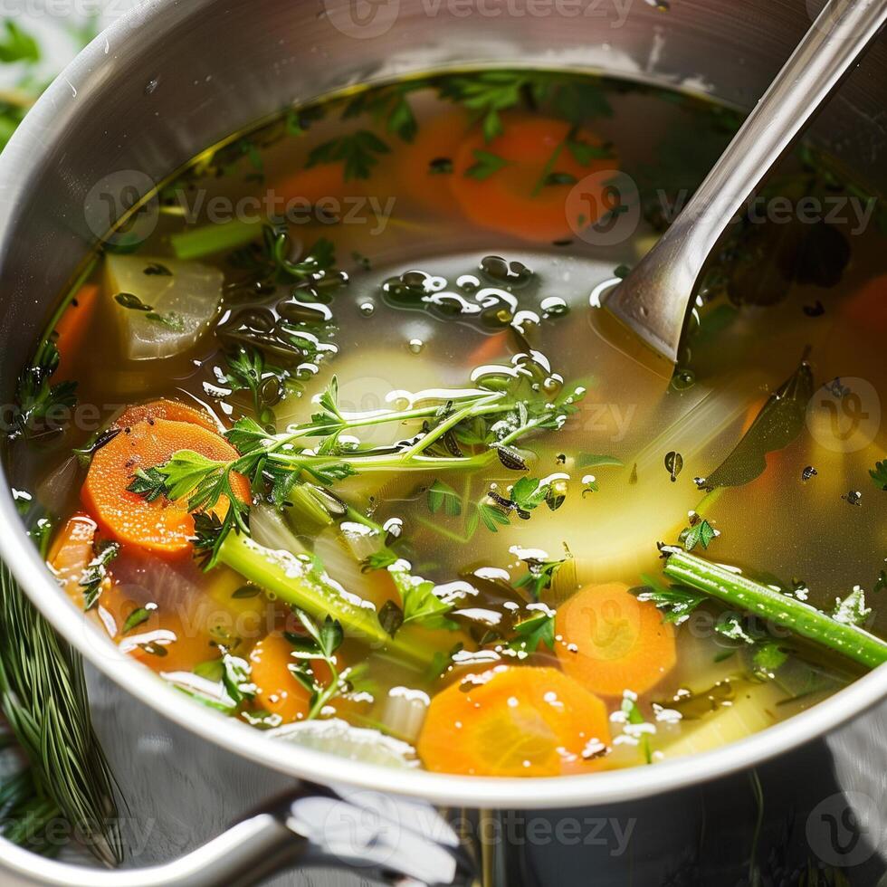 Beautiful Top View of Vegetable Soup on Plate Photorealistic Image photo