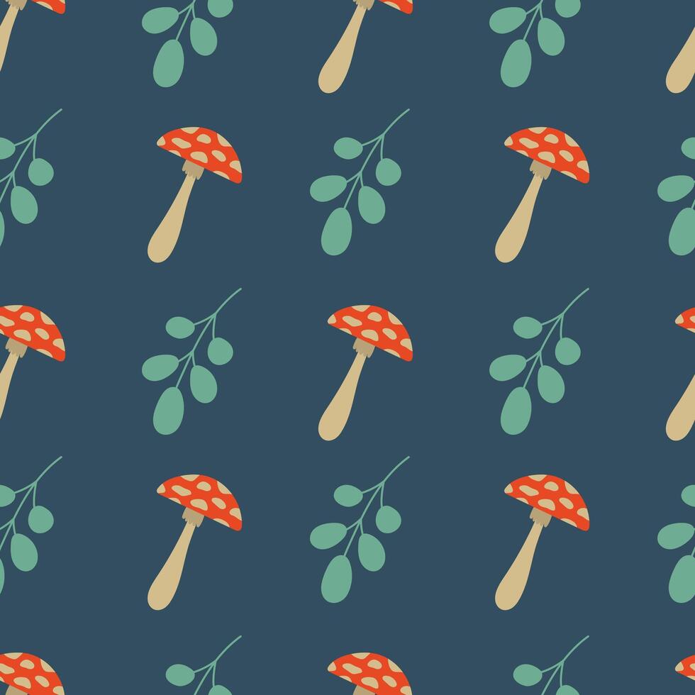Fly agaric seamless pattern. Mushroom and leaf on a dark blue background. Autumn illustration for packaging, fabric, wrapping paper, background vector