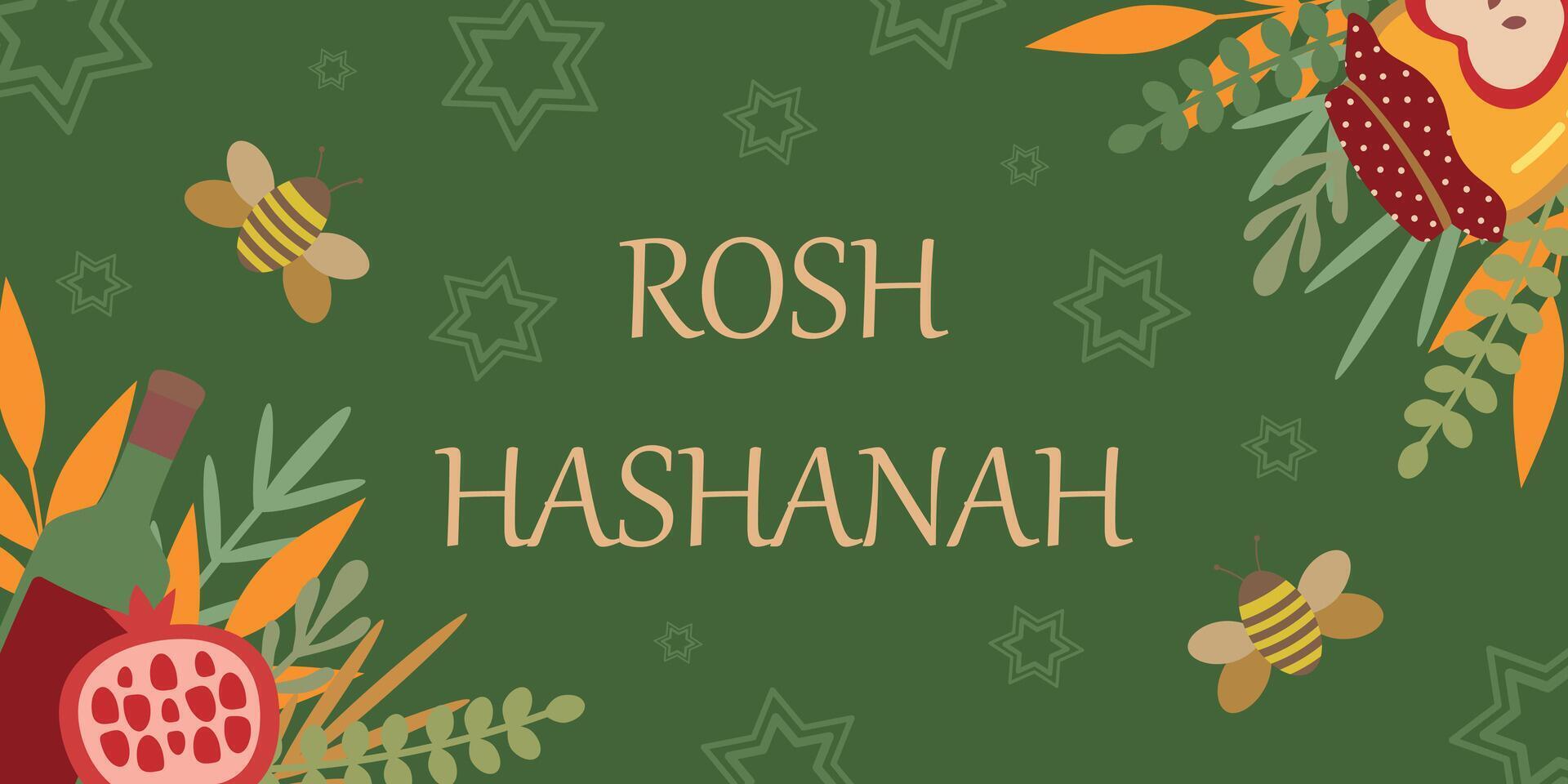 Rosh Hashanah holiday concept, banner or greeting card. Wine, honey, pomegranate and text on a green background. illustration, ready-made design vector