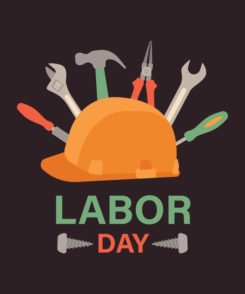 Labor day holiday concept, greeting card. Hard hat and construction tools on a dark background. illustration in clip art style vector