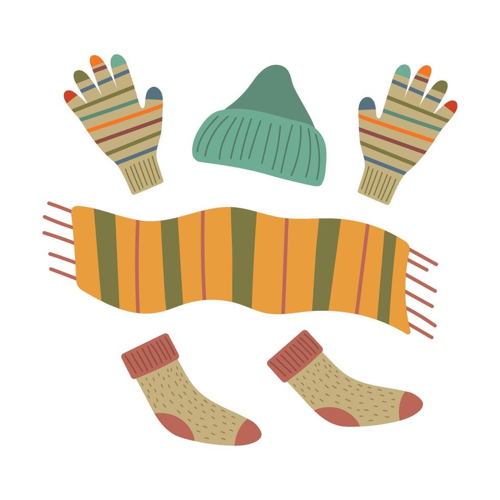 Autumn clothes set. Cute scarf, hat, socks and gloves. Hand drawing isolated illustration for your design vector