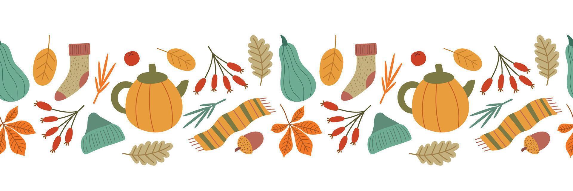 Autumn seamless border. Autumn clothes, teapot and leaves. Isolated illustration, hand drawing vector