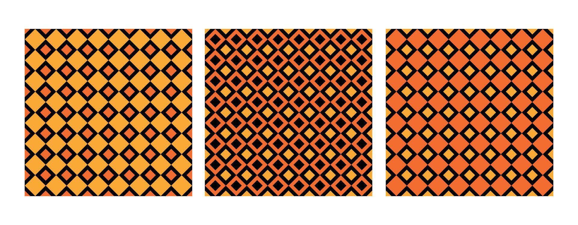 Harlequin seamless pattern set. Rhombus pattern in orange and black colors. illustration for fabric, fashion, background, halloween costume, packaging, cover vector