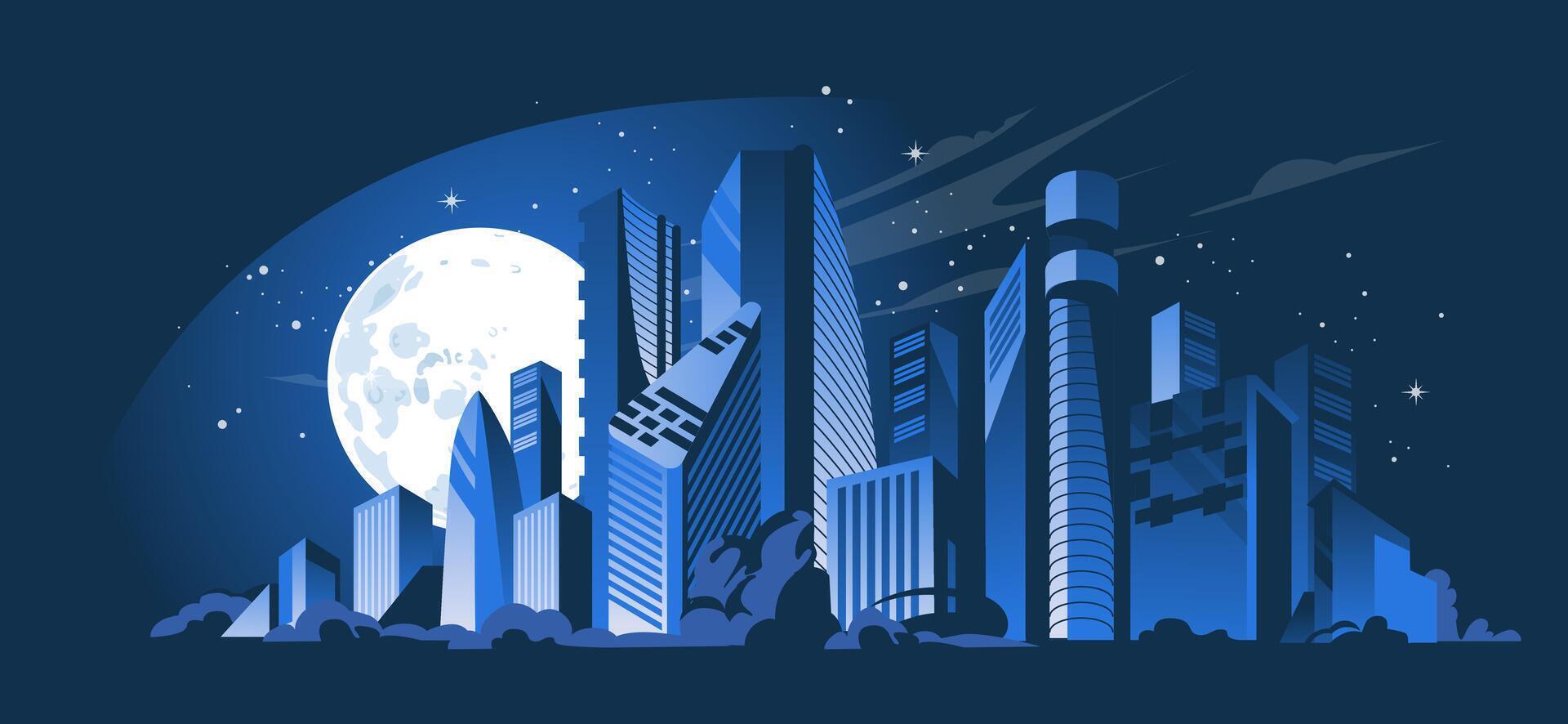 Panorama of a big city at night. Skyscrapers on the background of the moon. Horizontal banner. Dark illustration vector