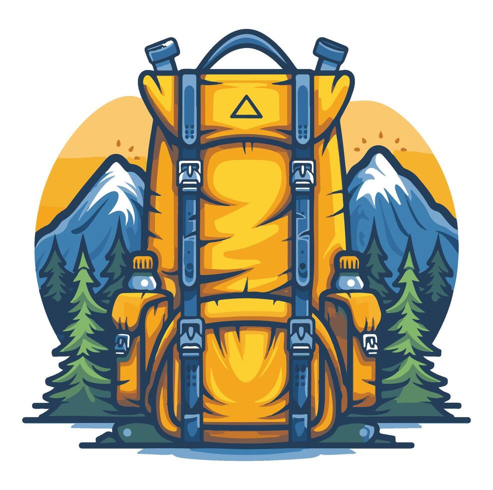 Yellow backpack with blue straps, mountains, and trees illustration cartoon print , vector