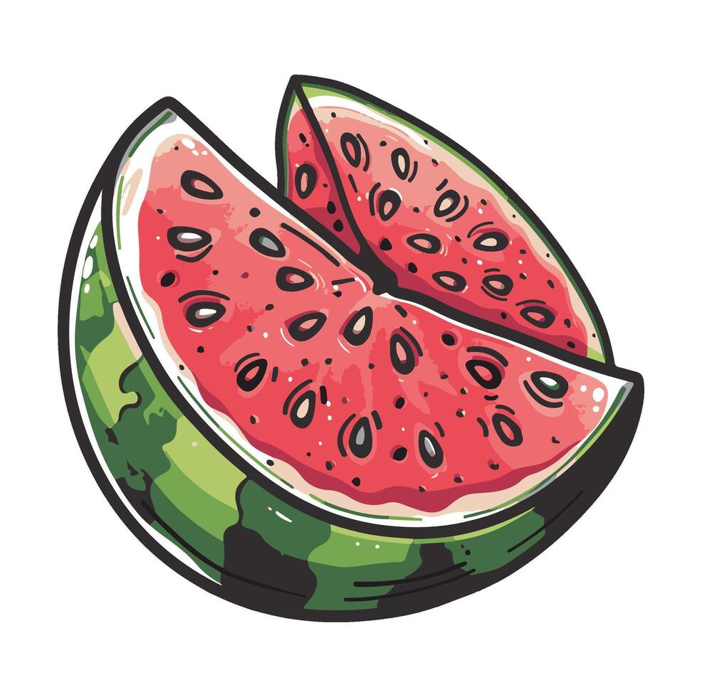 Watermelon sliced into two wedges with black seeds illustration cartoon print , vector
