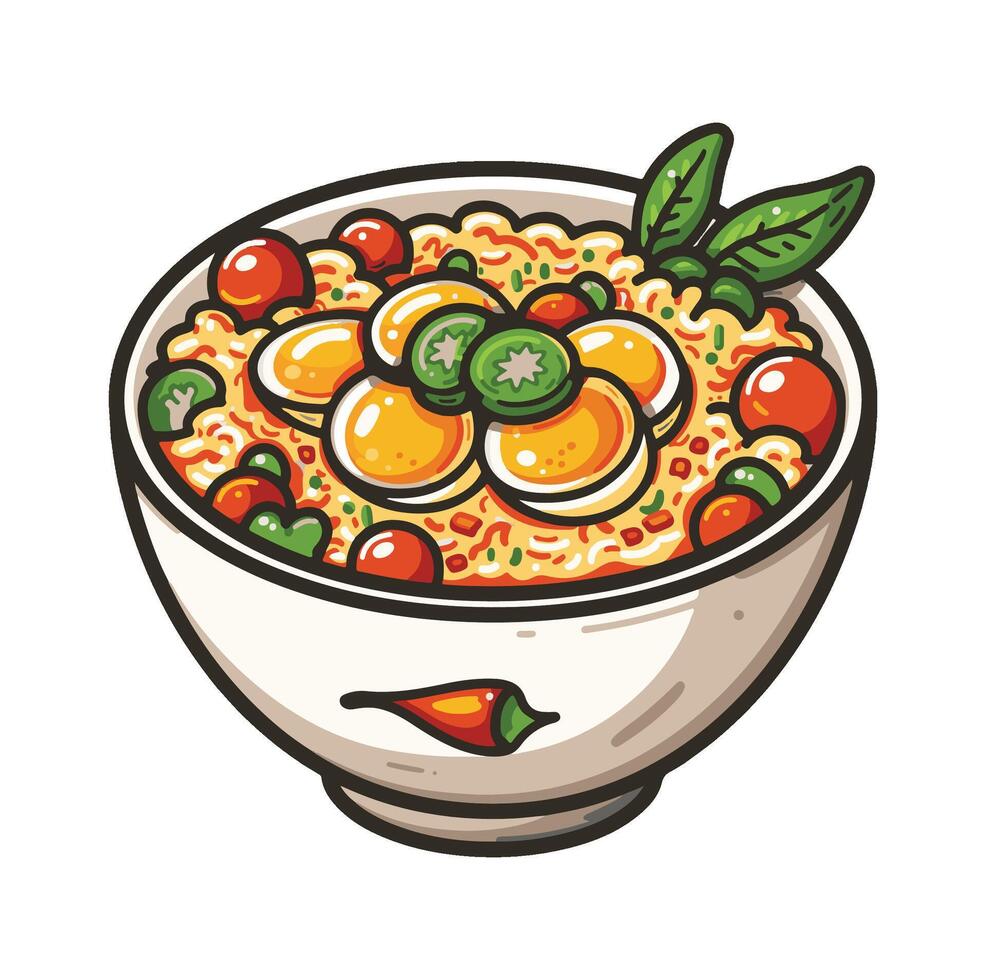 fried rice dish in bowl illustration cartoon , vector