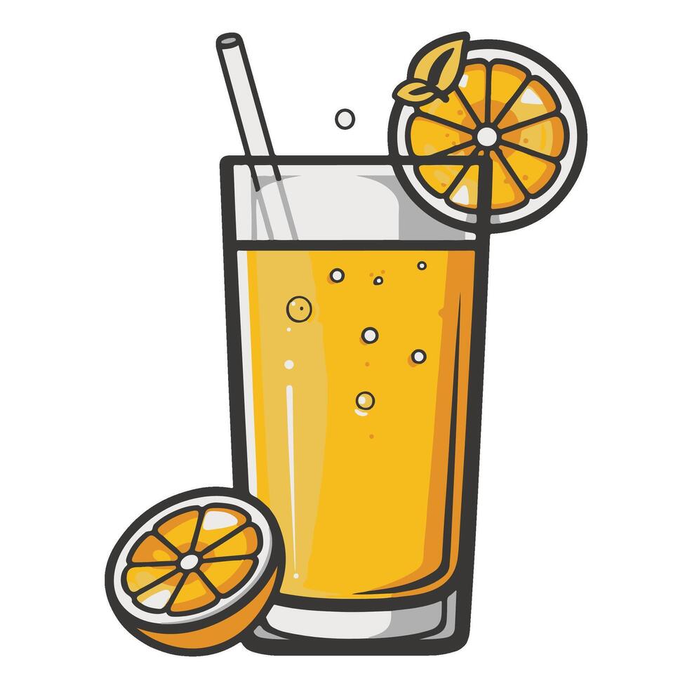 Glass of orange juice with a straw and orange slices cartoon illustration , vector