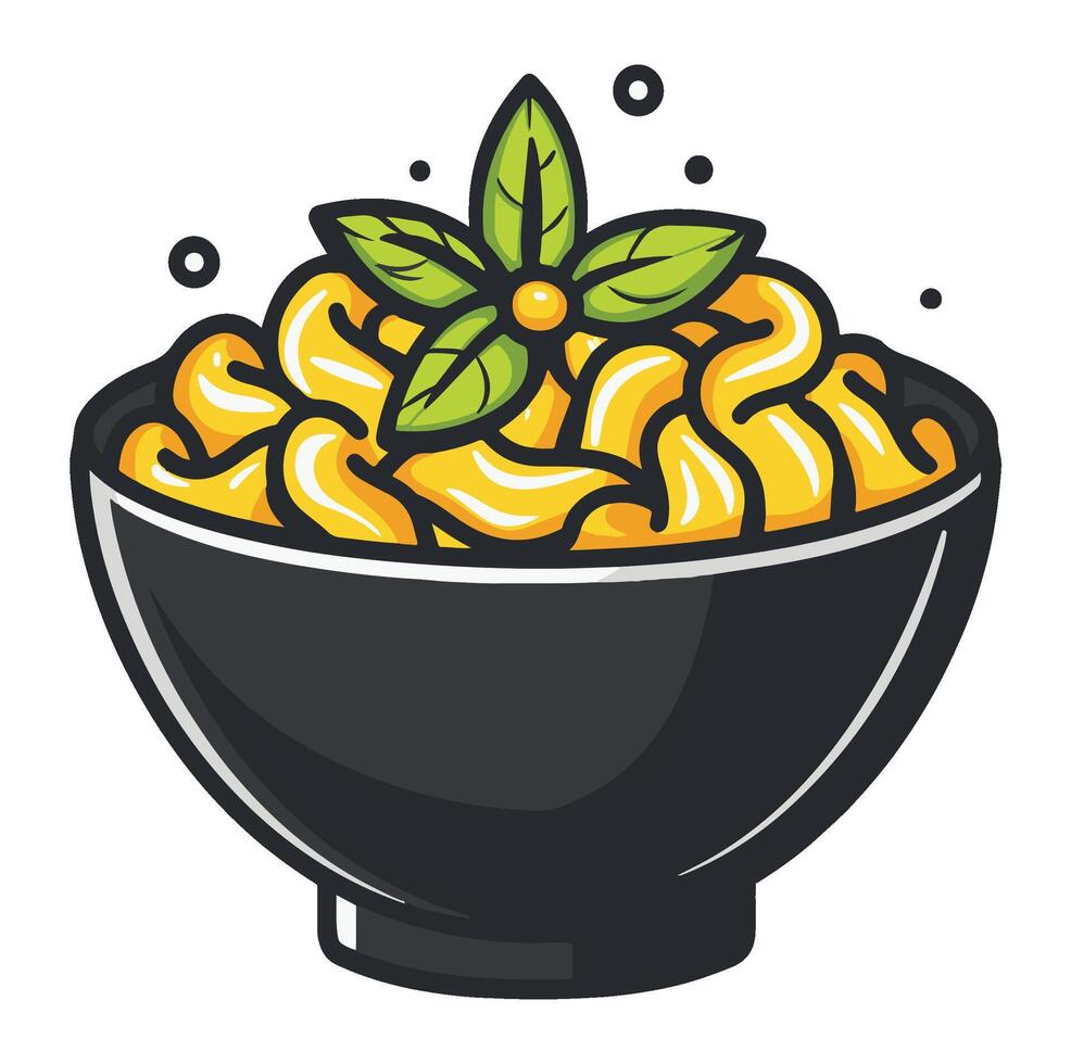 A black bowl of pasta with yellow sauce and basil leaves illustration , vector