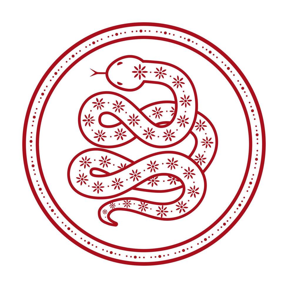 Doodle Chinese Snake, Symbol of 2025 New Year. Zodiac sign of the snake in circle with Asian elements. vector