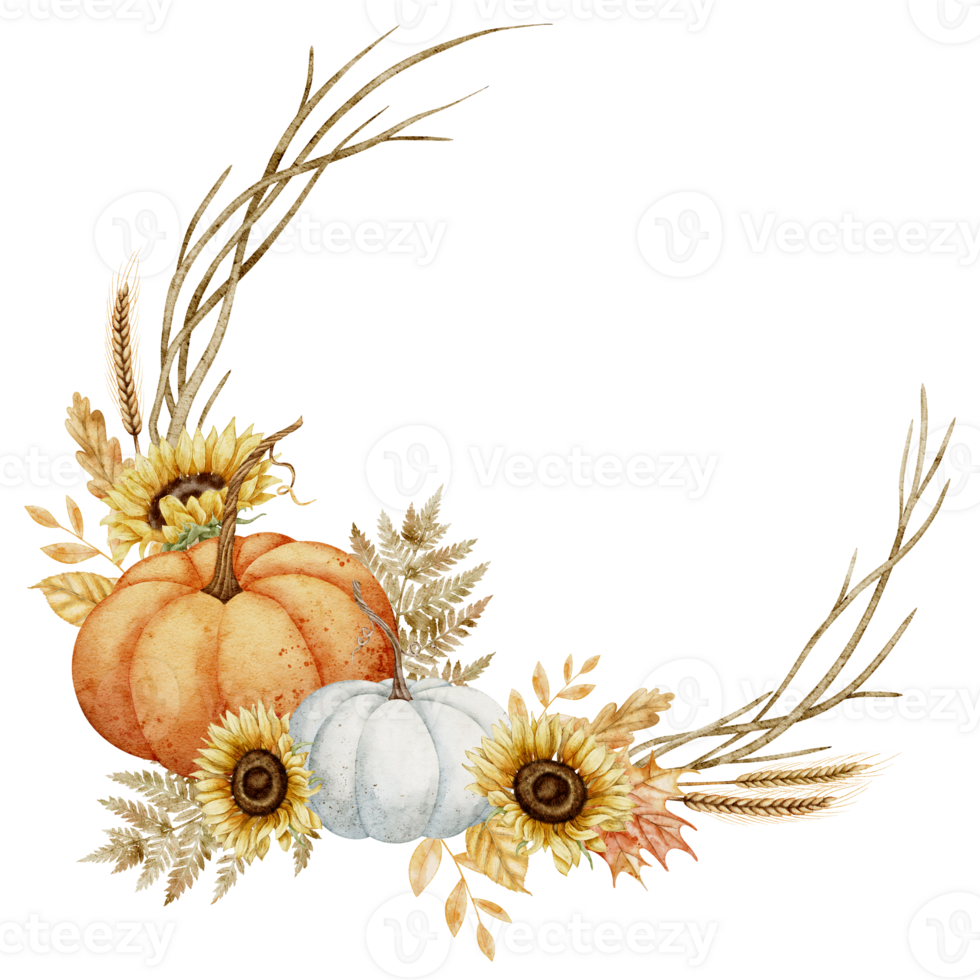 Autumn watercolor wreath with Pumpkins and Sunflowers. Drawing of fall frame with flowers, leaves and branches for harvest festival template. Circular border for Oktoberfest or Halloween cards. png
