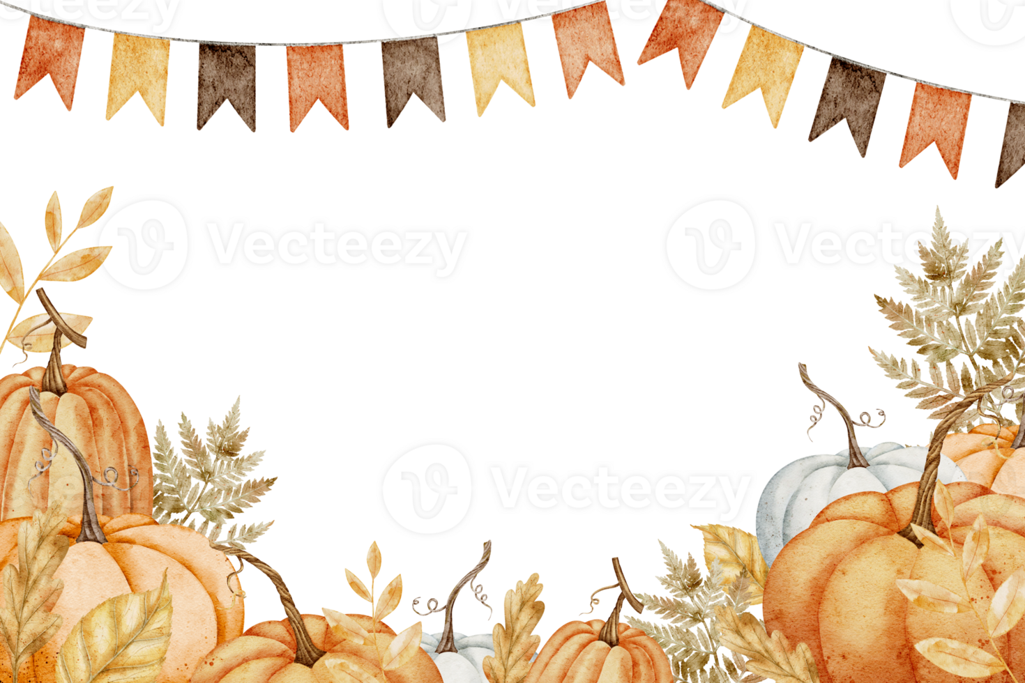 Pumpkin Banner watercolor illustration. Drawing of autumn frame with garlands and guards on isolated background for Harvest festival or Halloween greeting cards. Border with fall leaves with pennants. png
