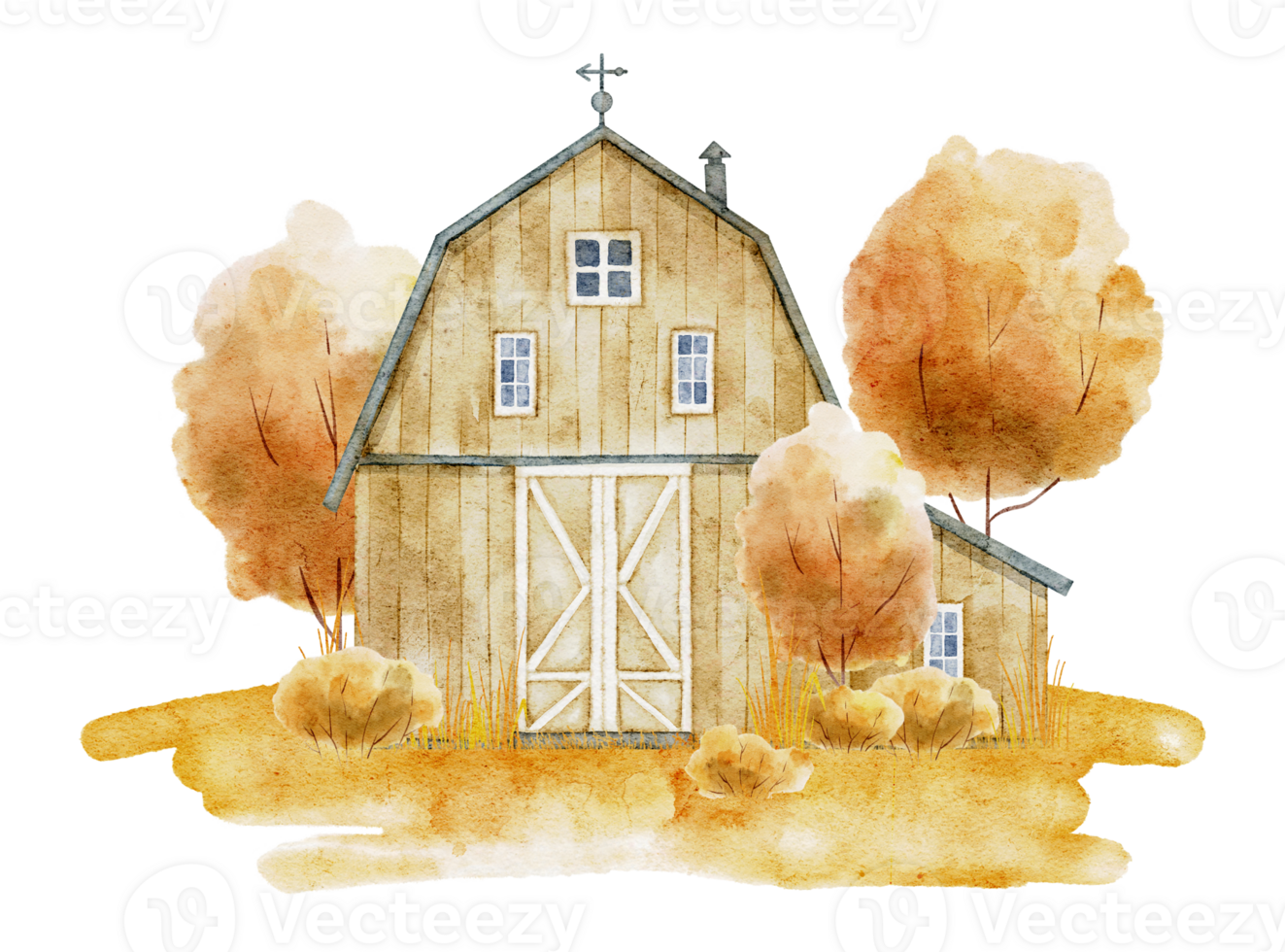 Watercolor Illustration of Rustic Barn with Vane Made of Wood and Metal Elements on isolated background. Drawing of old vintage Farm House with autumn trees and harvest festival. Fall landscape. png