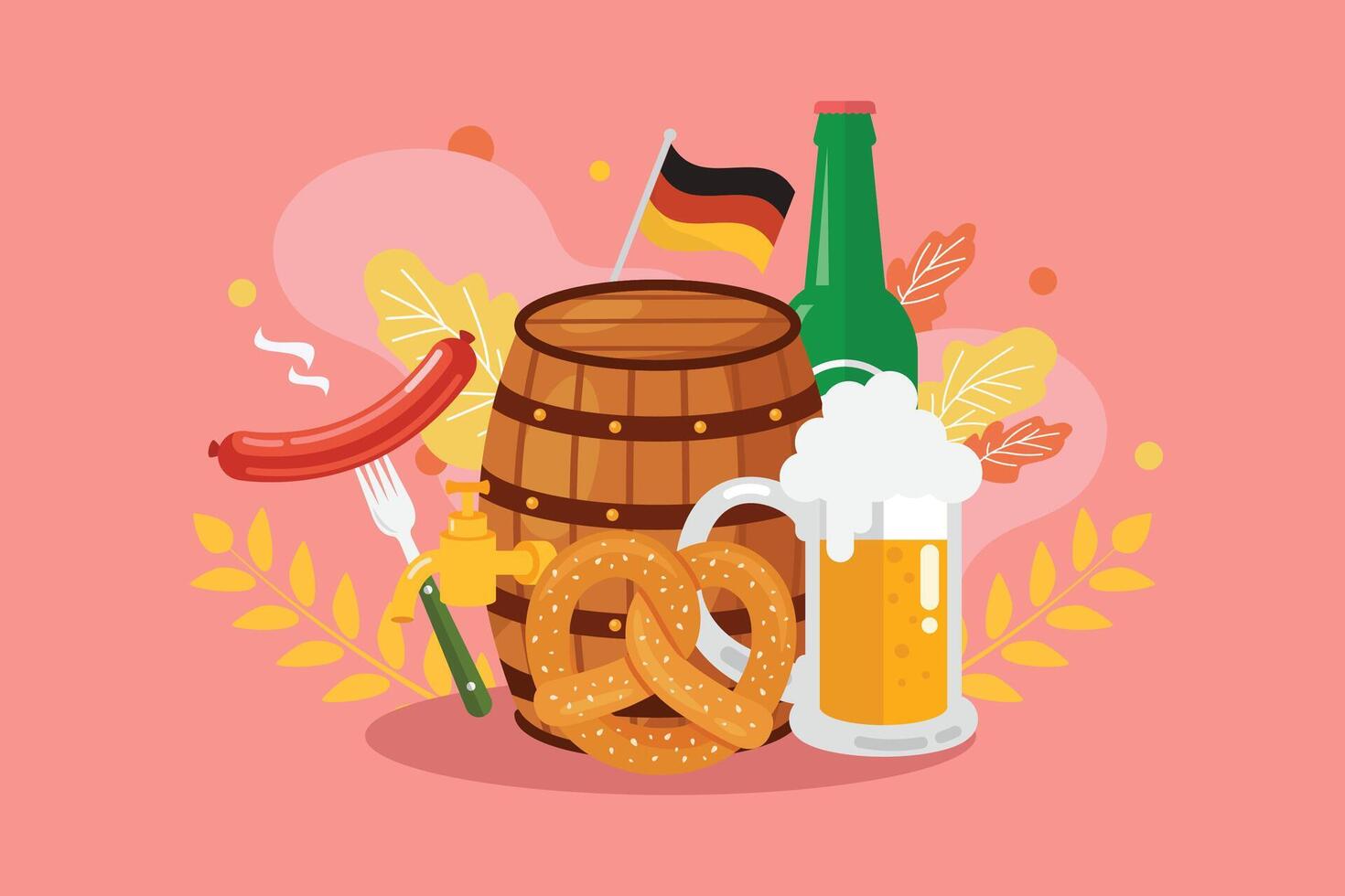 Oktoberfest poster with beer barrel sausage and pretzel. vector