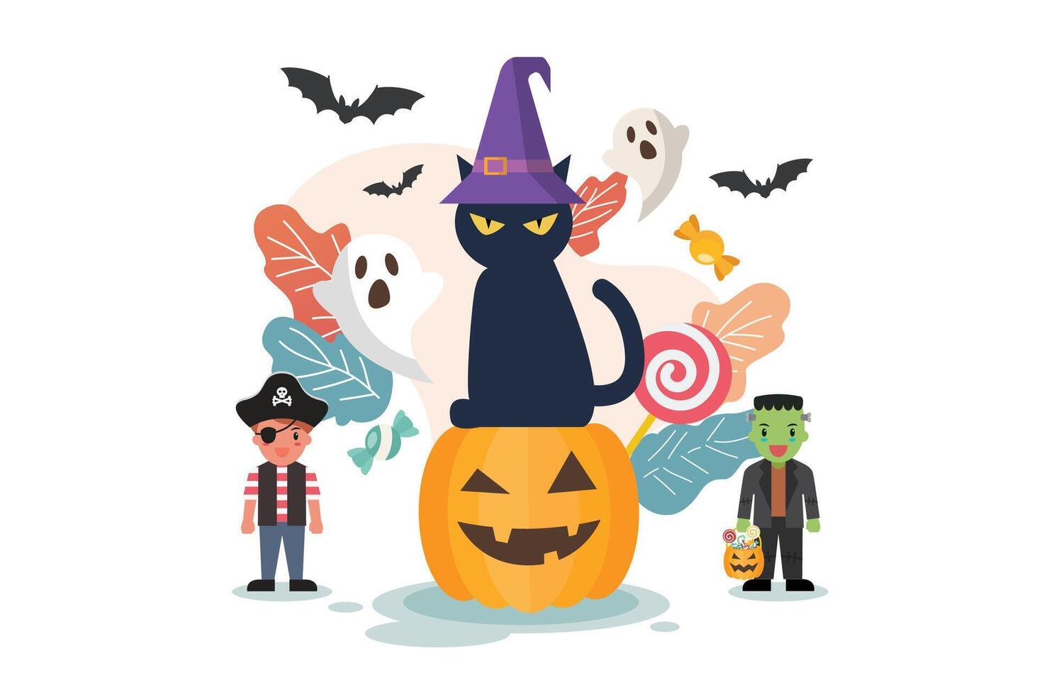 Black cat in a witch hat sitting on a Halloween pumpkin with children in costume vector