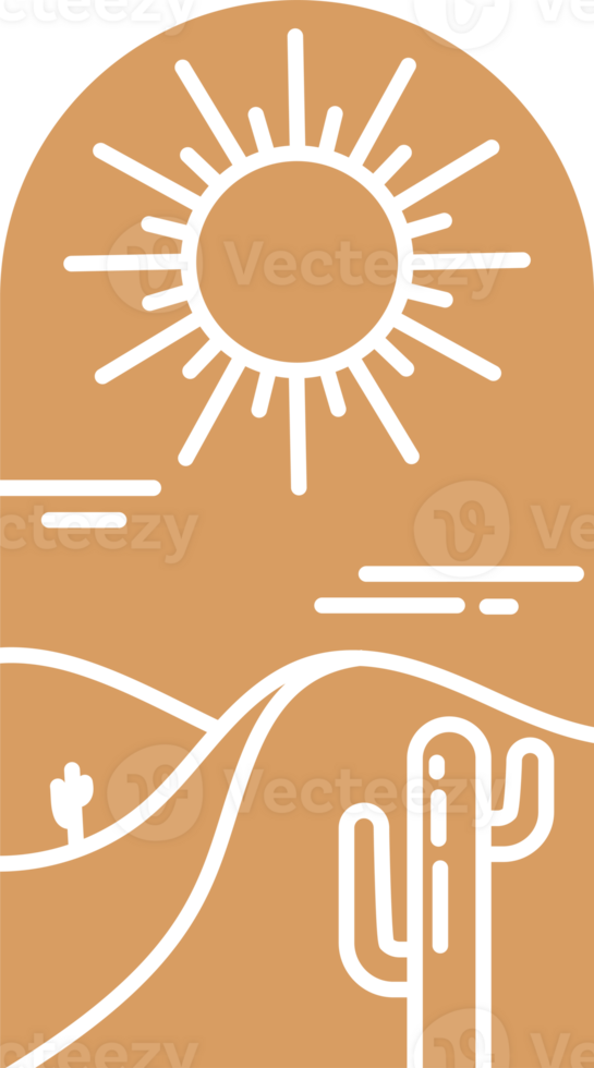 Desert boho logo with sun and mountains. Abstract bohemian illustration with cactus and minimal landscape. Arch and window. Design element for poster and decoration png