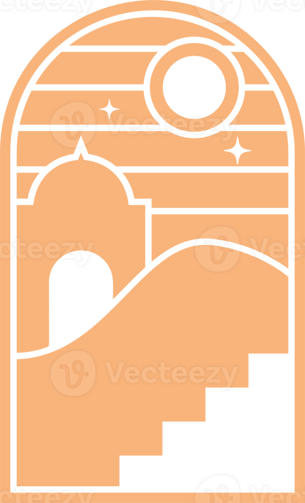 Desert boho logo with sand mountain landscape. Bohemian valley with moon and cactus. Abstract aesthetic design. Arc with aurora. Travel graphic decoration. png