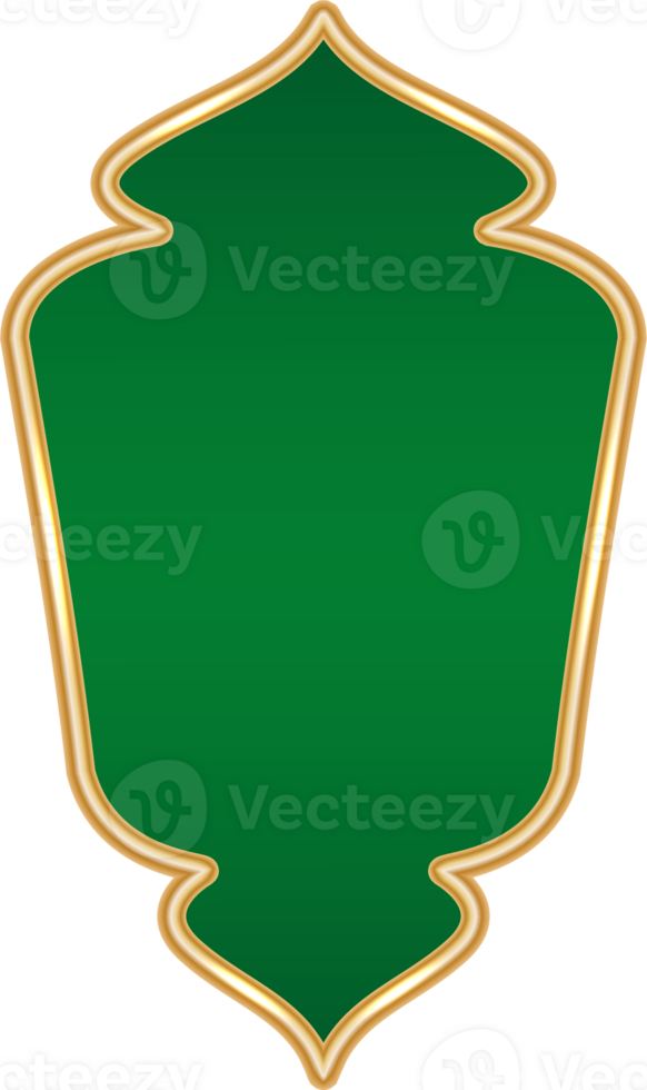 Ramadan golden shape. Islamic and Indian arch Arabic design element with green background. Luxury badge for Muslim banner and Turkish oriental window. png