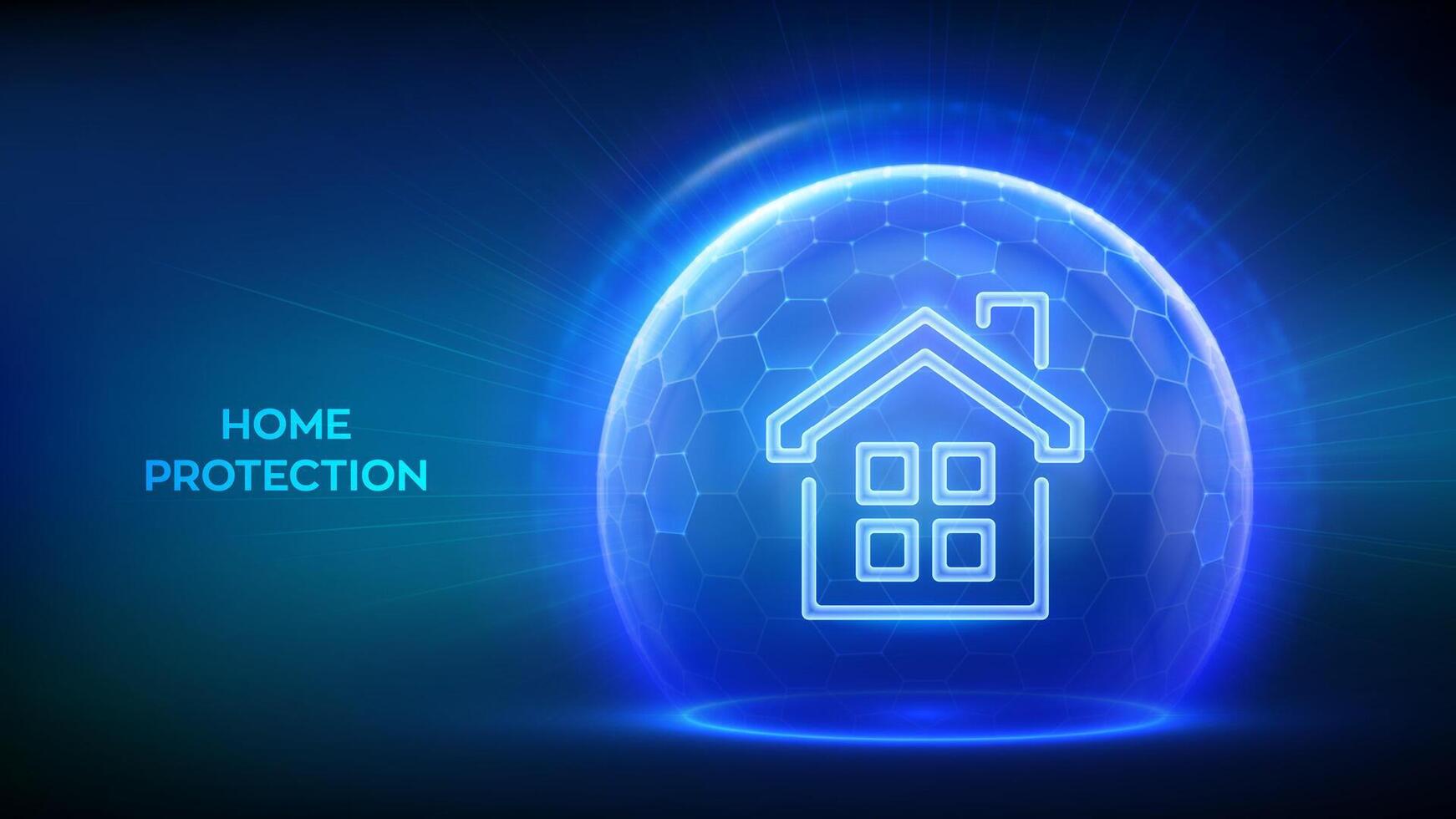 Home security protection. Home Insurance concept. Real estate insurance. Glass transparent sphere shield with surface of hexagons with House icon illustrates Home Insurance. illustration. vector