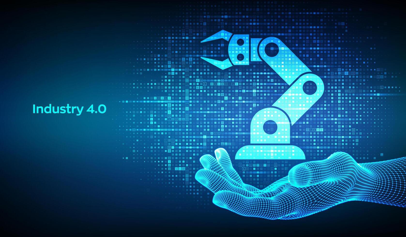Smart Industry 4.0 icon made with binary code in wireframe hand. Factory automation. Autonomous industrial technology. Industrial revolutions steps. Matrix background with digits 1.0. . vector
