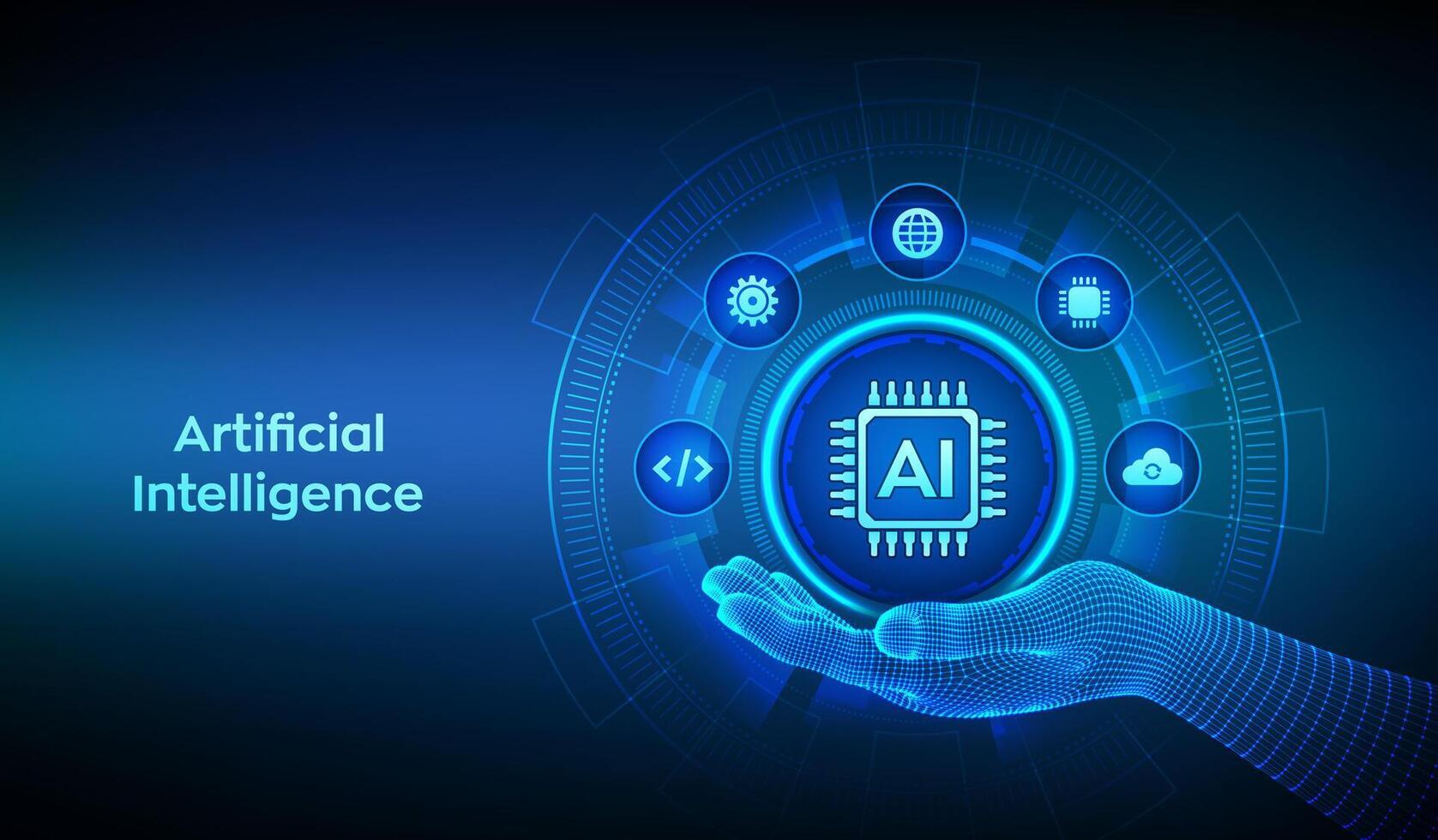 AI. Artificial Intelligence icon in wireframe hand. Machine Learning. Artificial Intelligence for big data analytics. Neural networks. Deep Learning. AI and virtual technology. illustration. vector