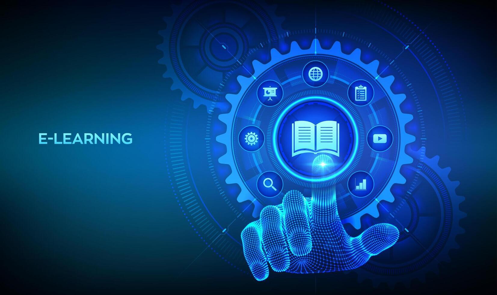 E-learning. Innovative online education concept. Webinar, teaching, online training courses. Skill development. Wireframe hand touching digital interface with connected gears cogs and icons. . vector