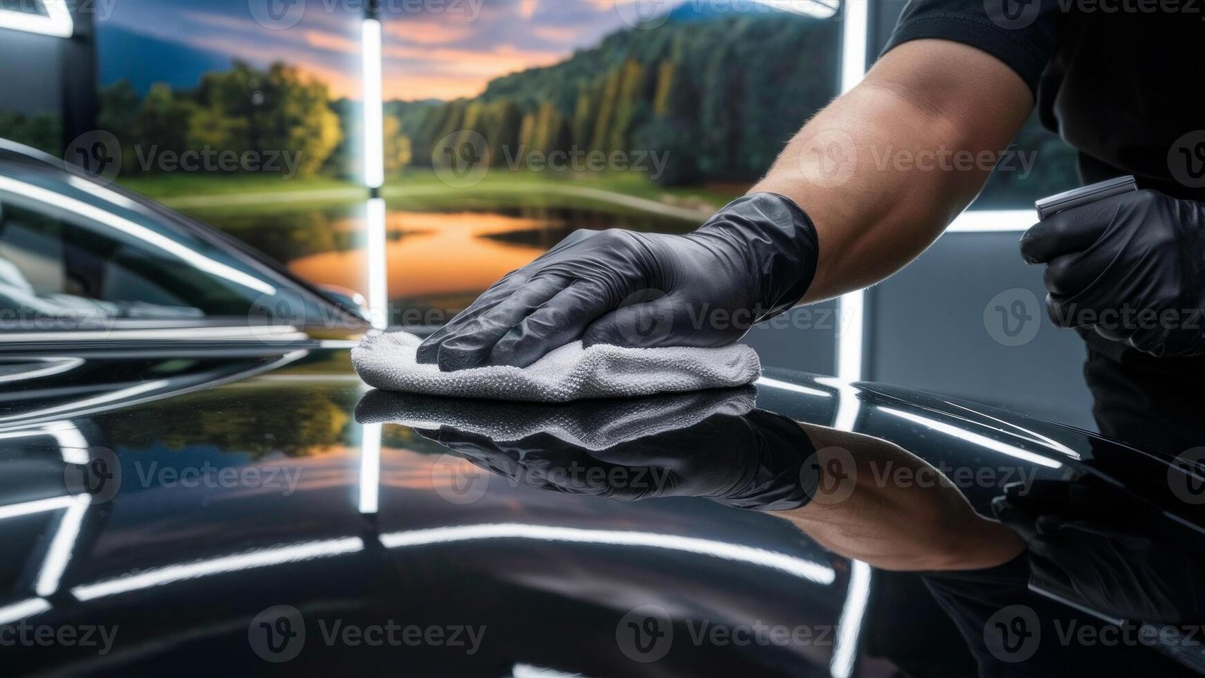 Close-up of a man's gloved hand wiping a car with a microfiber cloth, against a scenic background. photo
