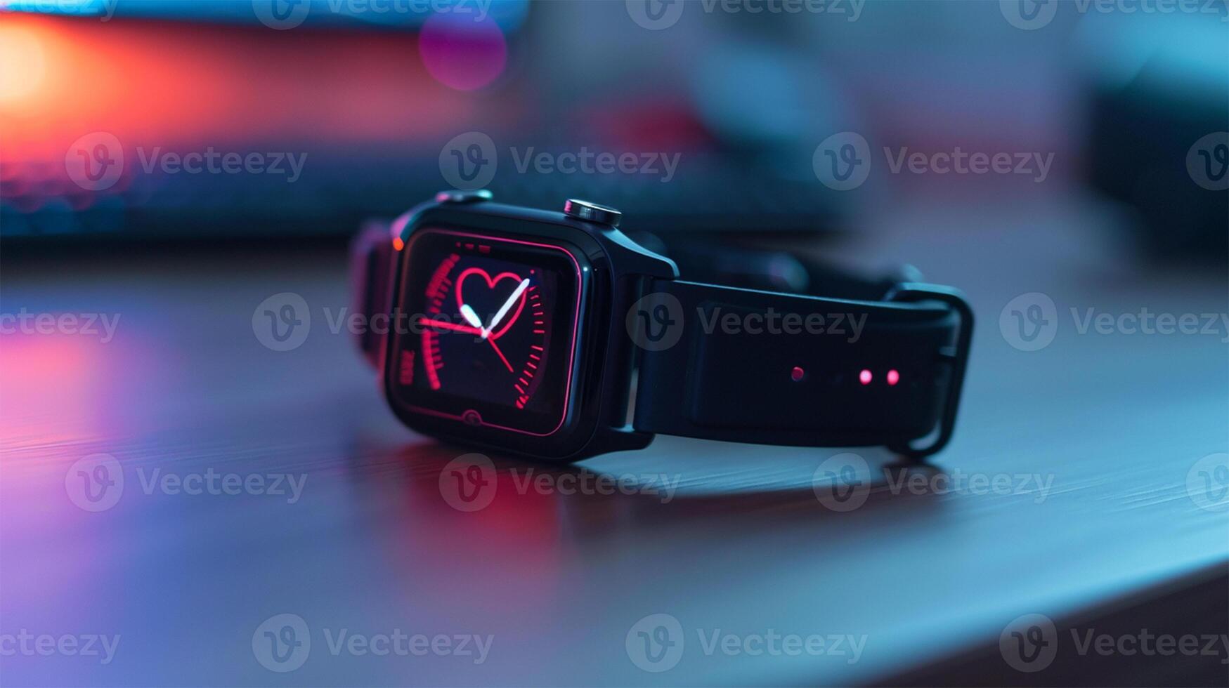 Close-up of smartwatch with heart rate display against neon lighting, highlighting modern technology and health monitoring. photo