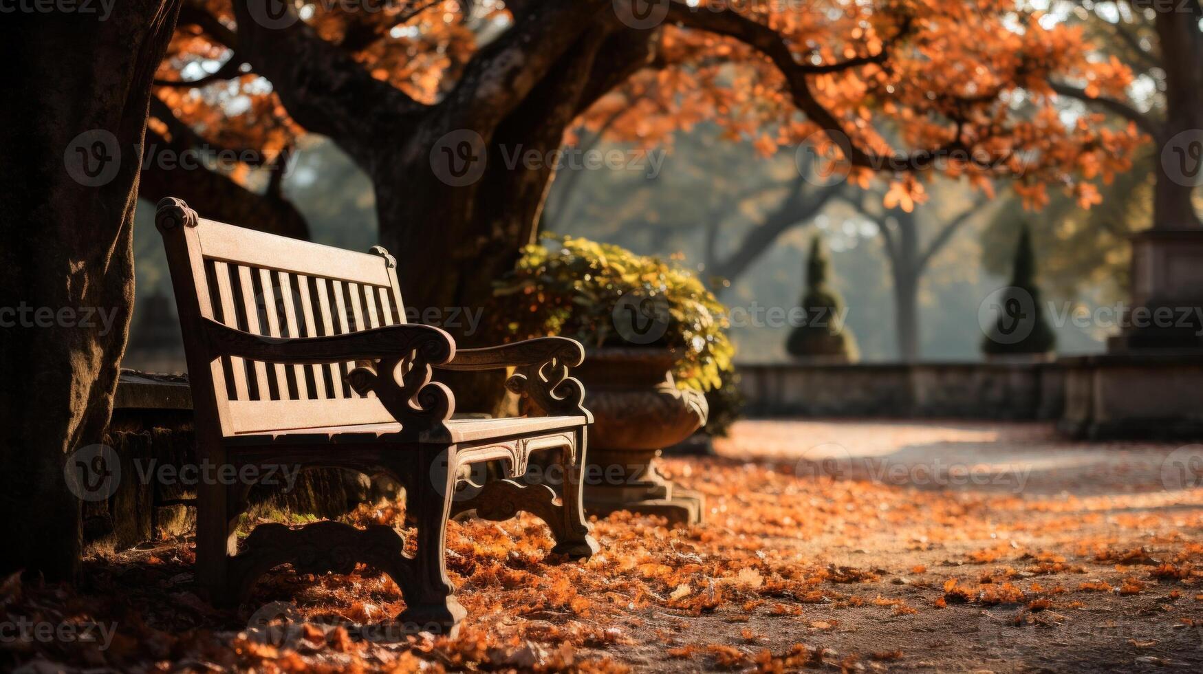 A bench in an autumn park against a blurred background of figuratively trimmed bushes photo