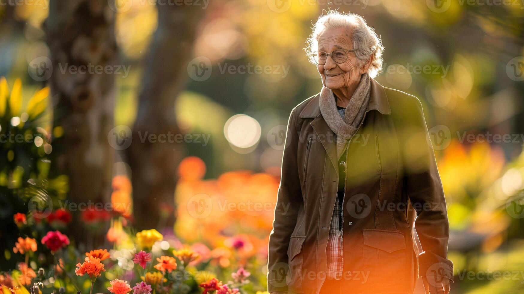 An elderly woman enjoys a peaceful walk in a vibrant flower garden on a sunny day, symbolizing the serenity and beauty of aging in nature. photo