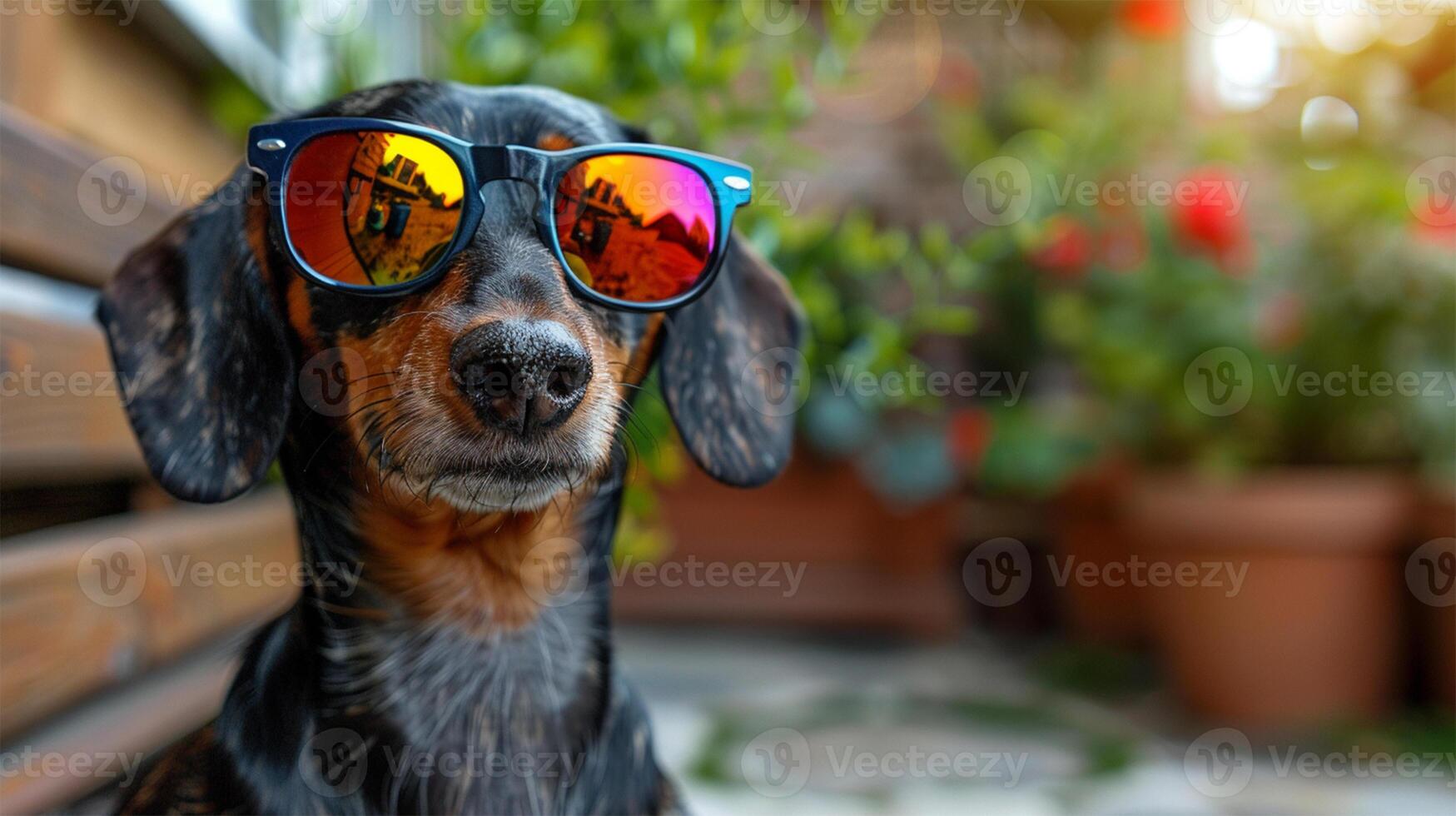 Dachshund wearing reflective sunglasses sitting outdoors against blurred garden background , a cool and casual atmosphere. photo