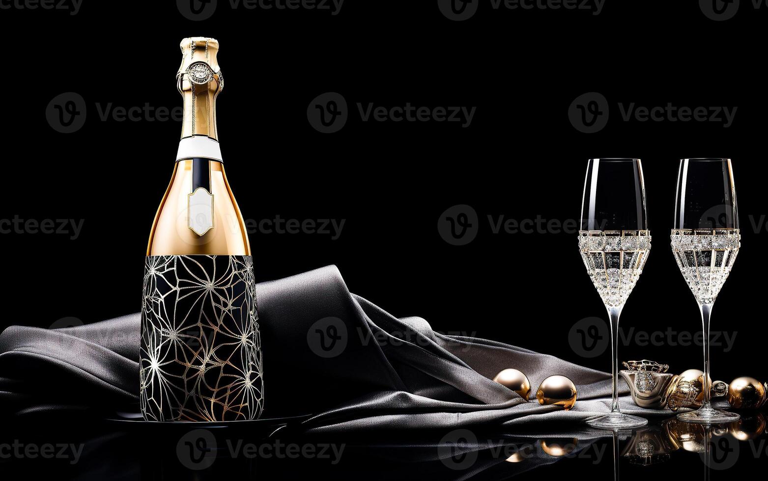 Exquisite champagne bottle with two elegant glasses on a sleek black background evokes a sense of luxury and celebration. Copy space photo