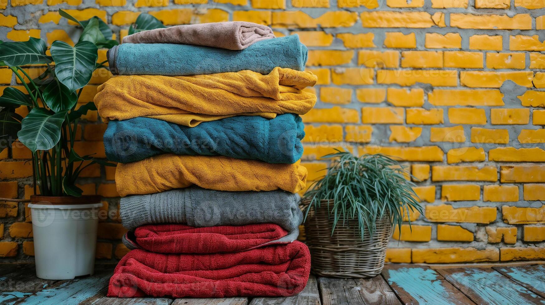 Stack of colored terry towels with flowers in pots nearby ,against the background of a brick yellow wall. rustic style photo